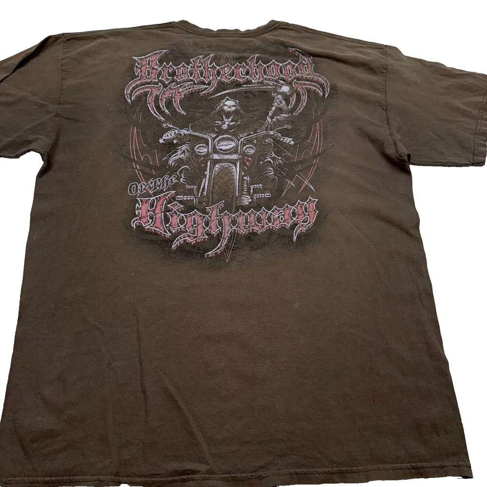 VTG Brotherhood Highway Biker‎ Gildan T-Shirt Men's XL Brown Faded Motorcycle
